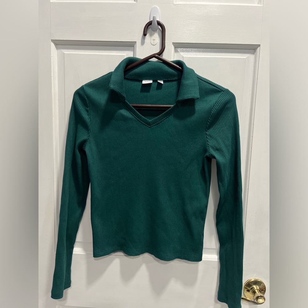 GAP Green Ribbed Collared Long Sleeve V Neck Top SIZE XXL 14-16 Girls Pre Loved